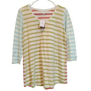 J Jill Womens Top Shirt size MP Striped 3/4 Sleeve T-shirt Vneck Coral Green NEW